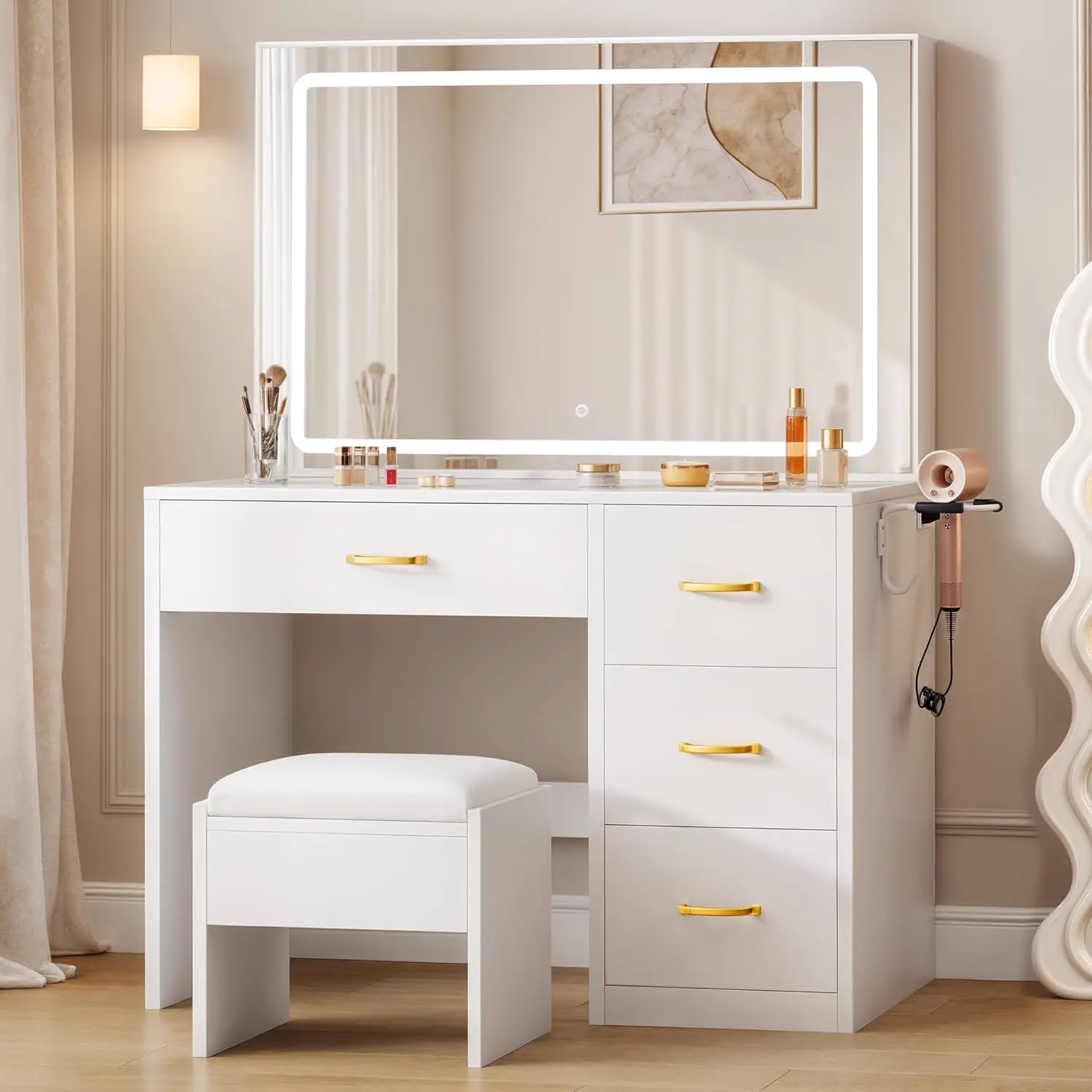 Conjunto tocador ELARA HOME con espejo iluminado y taburete — imagen 1